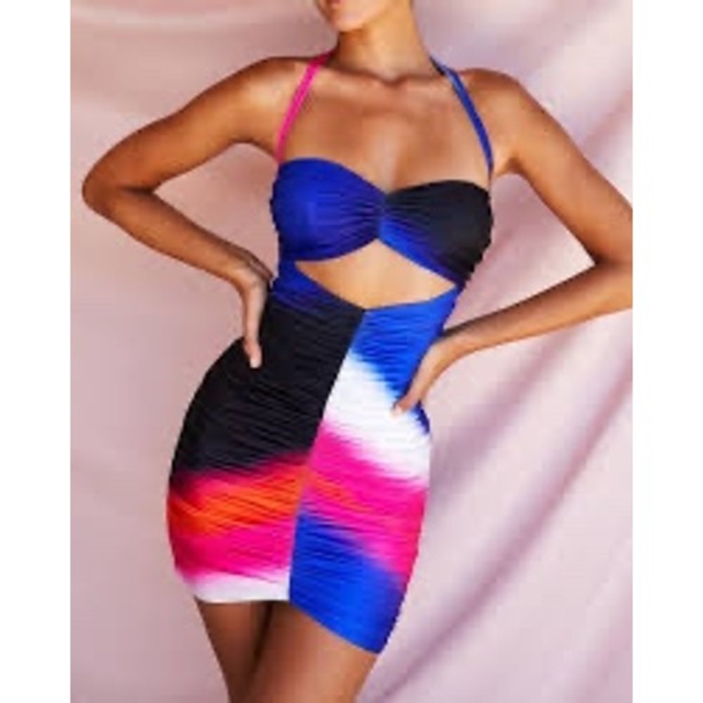 House of CB Saskia Sunset Print Ruched‎ Cutout Halter Mini Dress Size Small